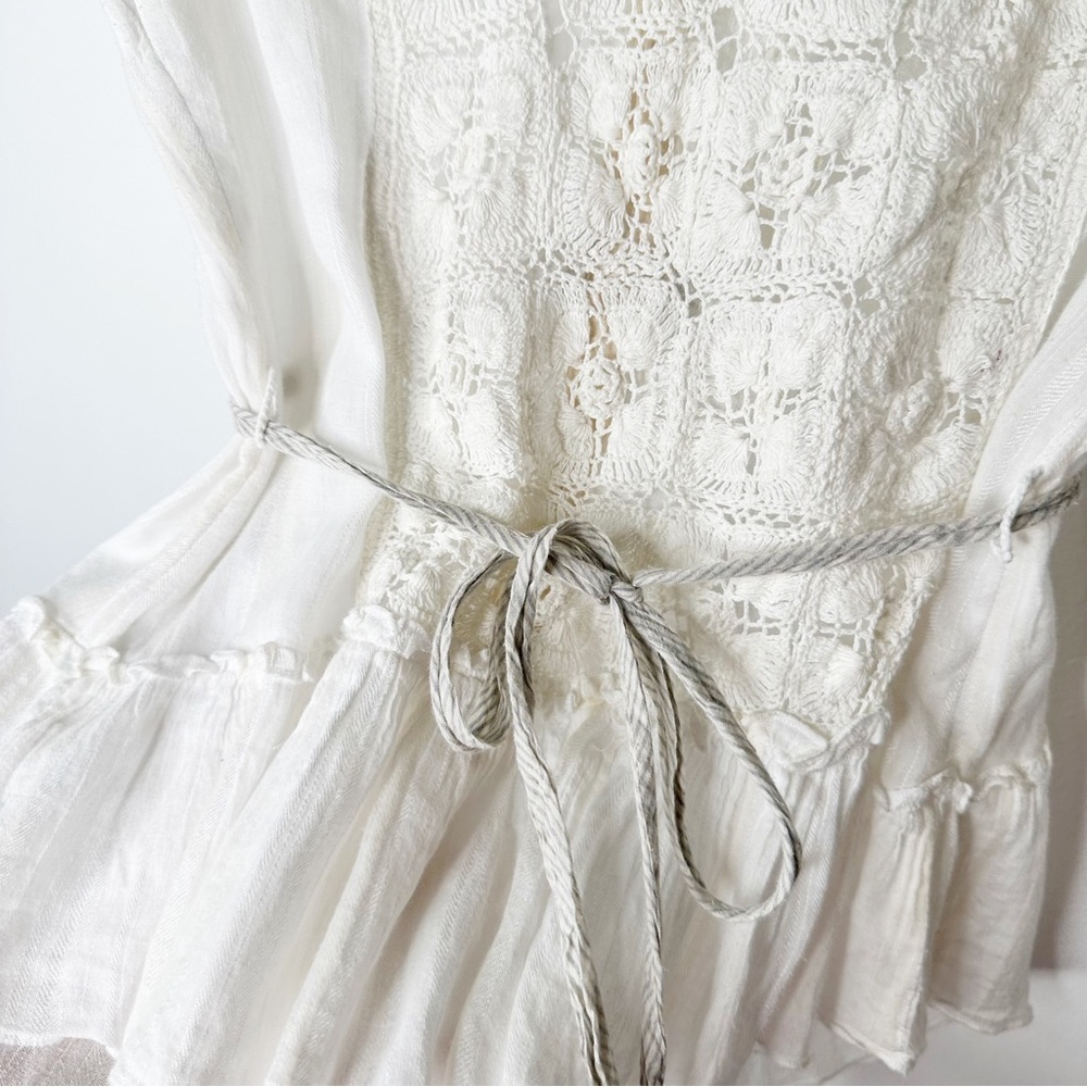 Free People White Sheer Crochet Knit Gauze Button Down Rope Tie Size Large - Picture 6 of 7